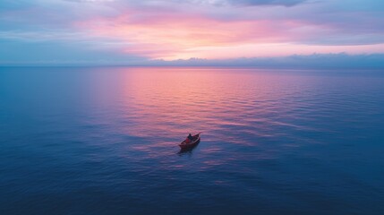 Wall Mural - Small boat on vast tranquil water at sunset