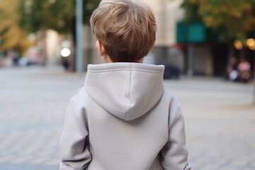 Wall Mural - Little Boy In Light Gray Hoodie On The Street, Back View, Mockup