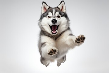 Husky Dog Leaps Happily Against Plain Background