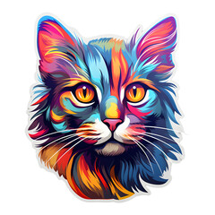 Wall Mural - Colorful cat sticker with a rainbow head, in the style of digital art techniques.