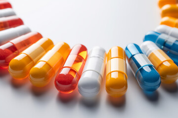 Wall Mural - pills and capsules closeup on white background