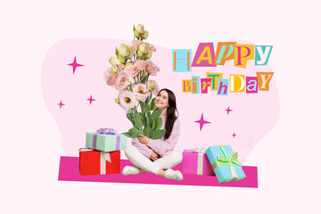 Composite collage image of young female hold receive roses bouquet celebrate happy birthday gifts party billboard comics zine minimal