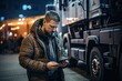 Truck driver using his phone while standing near a truck
