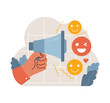 Spreading joy through voice. Hand holding megaphone emitting cheerful emoticons. Communication, positive vibes, expression. Sharing happiness. Flat vector illustration