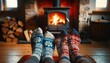 © ibreakstock - Winter scene of a couple by fireplace, feet in cozy woolen socks