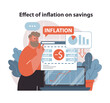 Inflation Impact concept. Concerned man examines the diminishing value of savings due to inflation using finance charts on a computer. Preserving purchasing power. Flat vector illustration.
