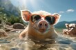 Un cochon avec des lunettes de soleil assis dans l'eau à la plage. A pig with sunglasses sitting in the water at the beach.