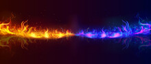 Fire Collision Red And Blue Background, Versus Banner. Powerful Colored Fire And The Flash From The Collision. Confrontation Concept, Competition Vs Match Game. Battle Game Background. Versus Vector