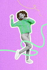 Poster - Collage image picture of crazy cheerful girl listening music dancing have fun joy isolated on drawing purple background