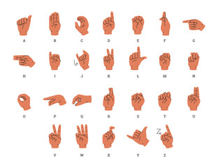 Alphabet in sign language for people with deafness, flat vector isolated.