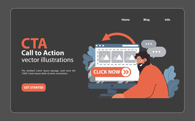 CTA enhancement concept. Enthusiastic developer points to a vibrant CLICK NOW button on screen, showcasing website's effective call to action. Engage visitors, boost clicks. Flat vector illustration