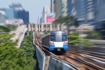 Poster - Electric train rushes motion speed blur effect among trees and a park in a metropolis