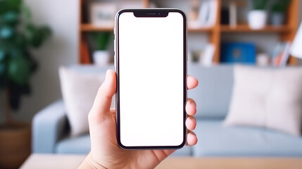 Hand holding smartphone with living room background