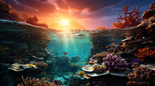 Beautiful Coral Reef Under The Sea Between With Sunrise