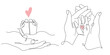 Vector one line art set of illustrations of mother and father holding a new born baby heels and hands in Lineart style