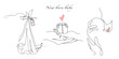 Vector one line art set of illustrations of a stork, a new born baby heels and mother holding a new born baby in Lineart style