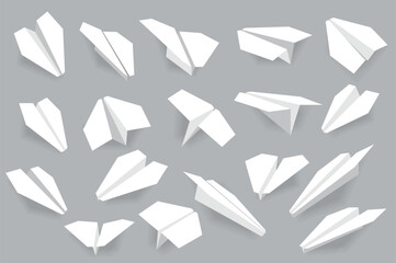 Fototapete - Realistic paper planes mega set in flat design. Bundle elements of different views of white handmade origami aircrafts for business idea or message sings. Vector illustration isolated graphic objects