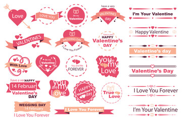 Aufkleber - Valentine Day banners mega set in flat design. Bundle elements of romantic inscriptions and quotes on ribbons, labels, border frames, dividers decoration. Vector illustration isolated graphic objects