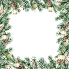 Wall Mural - Watercolor vector Christmas square frame. Winter greenery with garlands, balls and lanterns. Illustration for greeting cards, New year invitations. Hand drawn illustration.