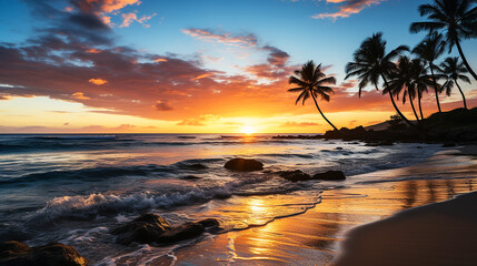 Wall Mural - Silhouette of beautiful palm trees with sunrise