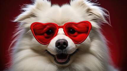 Poster - Сlose-up of a cheerful Pomeranian dog wearing red, heart-shaped sunglasses against a vibrant red background