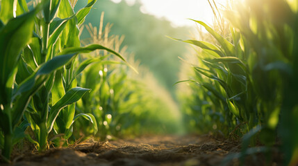 Wall Mural - Green cornfield with the sun peeking through the leaves