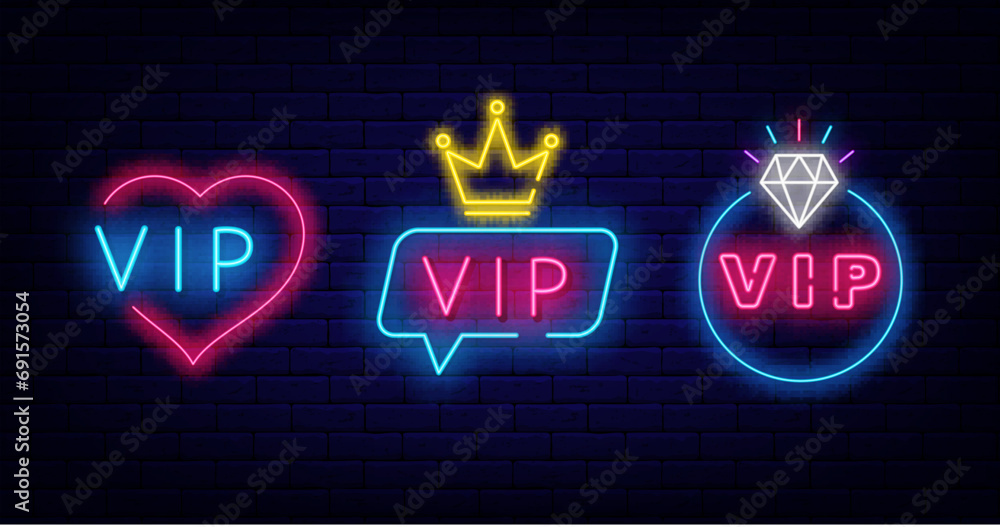 Vip neon labels collection. Speech bubbles frame. Crown icon. Heart ...