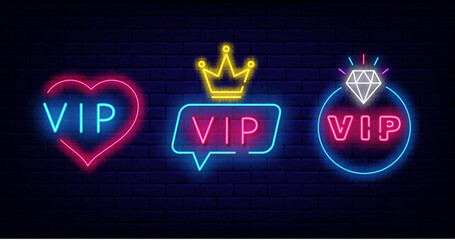 Wall Mural - Vip neon labels collection. Speech bubbles frame. Crown icon. Heart shape border. Vector stock illustration