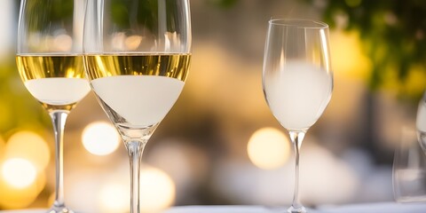 White wine filled in Wine glass minimalist with gift boxes on the table, bokeh lights celebration background, copy space