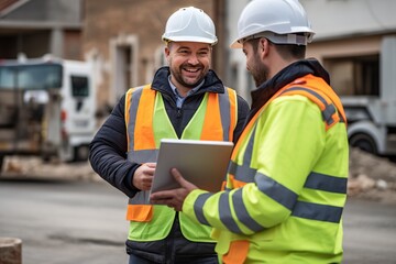 Smiling construction workers checking their smartphones and tablets at a construction site