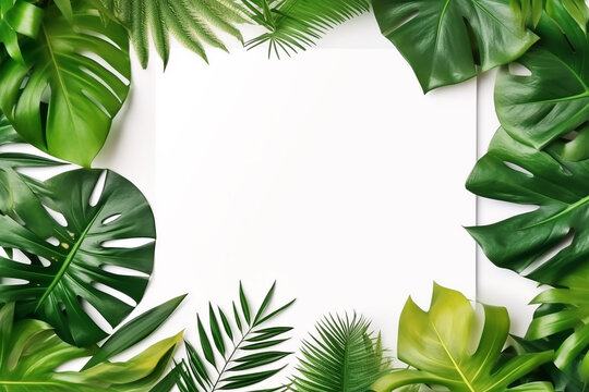 Blank paper with tropical green leaves background