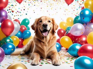 A funny dog smiling at the party with balloons, presents, and confetti isolated over white background. Colorful character animals for birthdays, festive events,...	