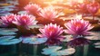 Landscape evening with sunset on a lake with lilies, with beautiful sky in summer season. AI generated image