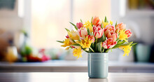 Bouquet Of Fresh Colorful Garden Flowers Like Tulips And Narcissus Located In Ceramic Vase On Table At Home In Spring Day
