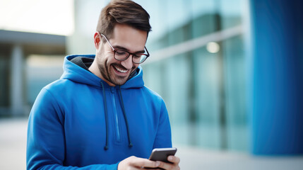 Poster - Smiling man in blue clothes is using the phone