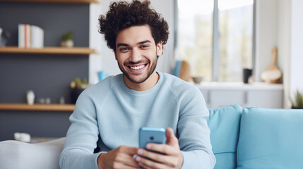 Poster - A man sits on the couch at home and smiles holding his smartphone in his hands