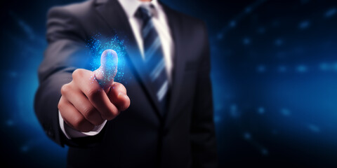 Virtual authentication concept with man in business suit pressing fingerprint button