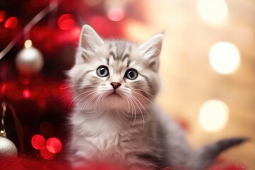 baby cat, kitten in red christmas hat at home with chirstmas decorations comeliness