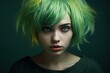close-up portrait of a young model with expressive green hair
