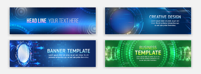 Leinwandbilder - Futuristic digital communication background. Blue Technology cover. Modern hi tech horizontal banner templates. Abstract banner on the theme of data protection, cyber security, science, data array.