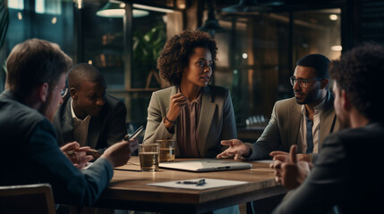 A businesswoman engaged in conversation with colleagues while seated at the conference table.