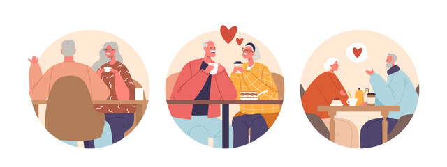 Wall Mural - Isolated Vector Round Icons with Cartoon Elderly Couple Characters Sip Coffee In Cozy Cafe, Sharing Smiles Holding Hands