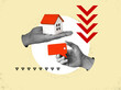 Real estate valuation collage. Hand holding house and negative bad evaluation.