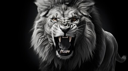 Wall Mural - Close-up of the head of an aggressive lion ready to attack. Wild animal in monochrome style. Illustration for cover, card, postcard, interior design, banner, poster, brochure or presentation.