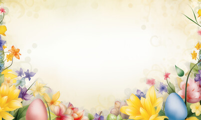 Wall Mural - Easter themed background with colorful flowers, Easter eggs and sprigs of grass; room for text