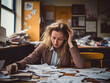 © Samantha - Young woman stressed out, tired and overwhelmed sitting at a table strewn with papers
