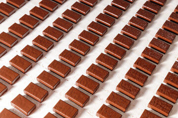 Wall Mural - Closeup set Chocolate sweets candy on conveyor automatic line factory, top view