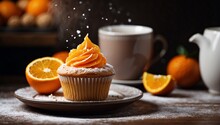Delicious Orange Cupcake Or Muffin With Cream And Powdered Sugar. A Wooden Table And Beautiful Dishes. A Close-up Of A Vanilla Festive Dessert With Fruit. Nutritious Sweet Bakery Food.