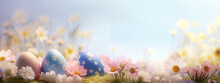 Easter Eggs And Flowers With Empty Space For Text Or Saying