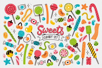 Candies, lollipops and gummies isolated on transparent background. Colorful sweets elements. Hand-drawn clip arts. Vector Illustration.